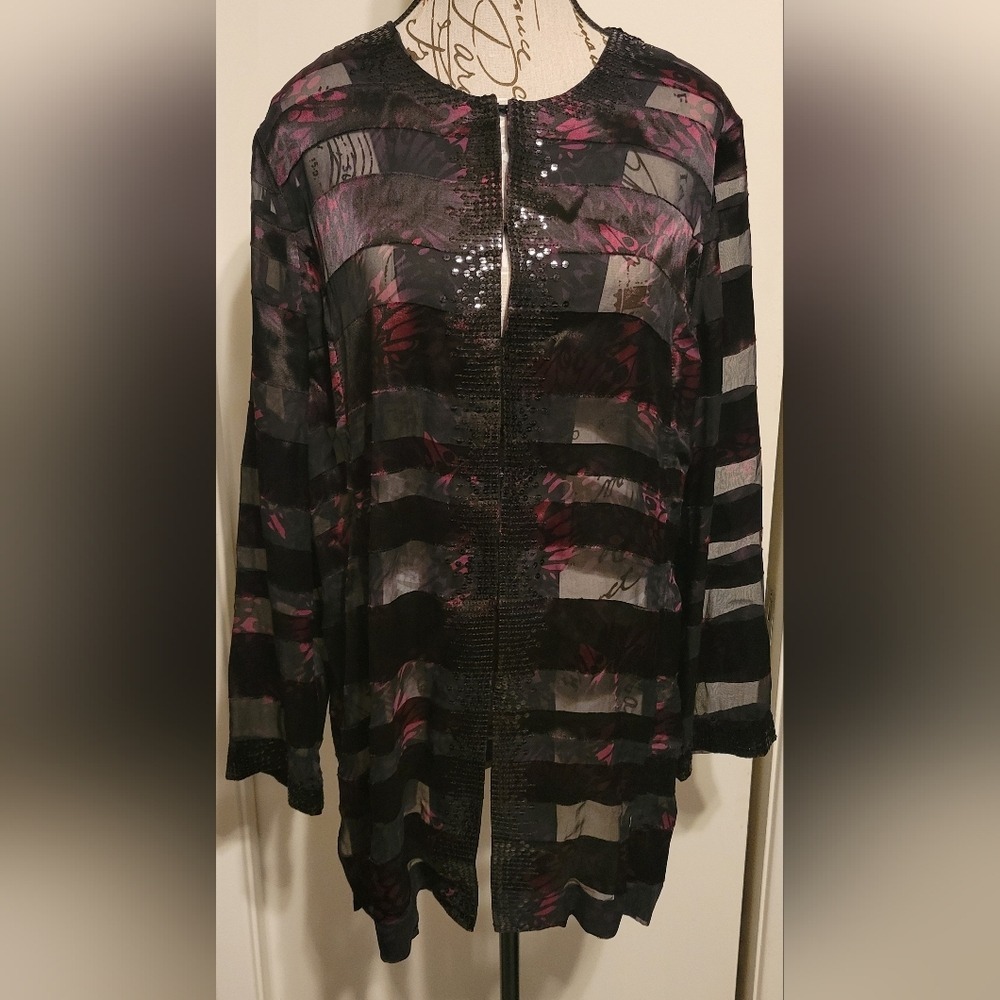 Chico's Dark Romantic Sequin Silk Blend Hook & Eye Closure Tunic Top Sz 2/2X